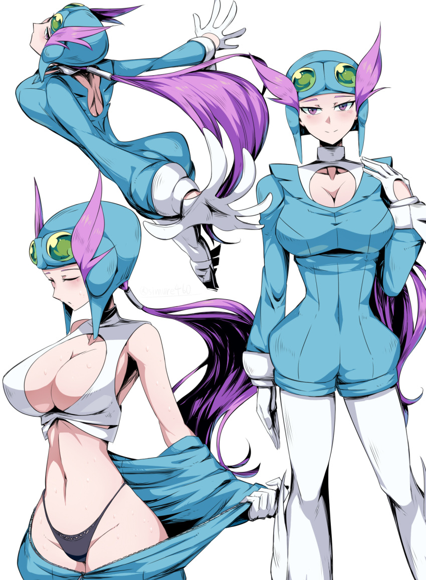 1girl blue_bodysuit bodysuit breasts clothes_pull collarbone goggles goggles_on_head highres large_breasts long_sleeves multiple_views pilot_helmet pilot_suit pokemon pokemon_oras ponytail purple_eyes purple_hair shimure_(460) solo unitard winona_(pokemon)