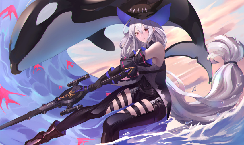 1girl animal arknights bangs bare_shoulders black_footwear black_gloves black_headwear black_pants boots commentary eru_(eru_illust) gloves grey_shirt hair_between_eyes highres holding holding_sword holding_weapon leggings long_hair looking_at_viewer low-tied_long_hair orca pants red_eyes revision shirt silver_hair skadi_(arknights) sleeveless sleeveless_shirt sword thigh_cutout thighs very_long_hair water weapon