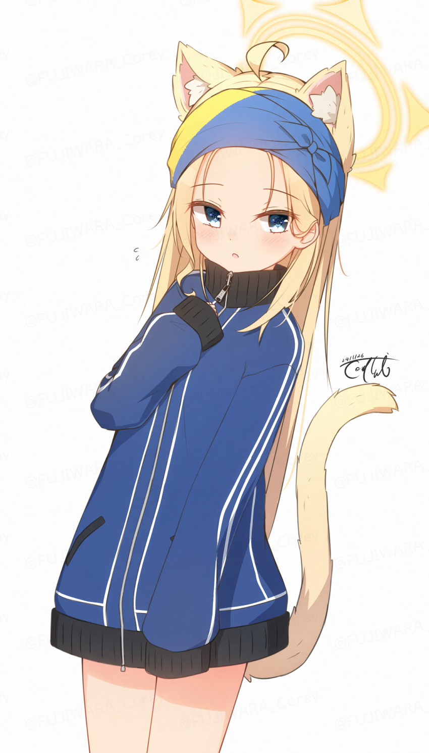 1girl :o absurdres ahoge animal_ear_fluff animal_ears blonde_hair blue_eyes blue_jacket blush cat_ears cat_girl cat_tail commentary_request coreytaiyo dated flying_sweatdrops forehead halo hand_up highres jacket long_hair long_sleeves looking_at_viewer original parted_bangs parted_lips puffy_long_sleeves puffy_sleeves signature simple_background sleeves_past_fingers sleeves_past_wrists solo standing tail track_jacket very_long_hair white_background