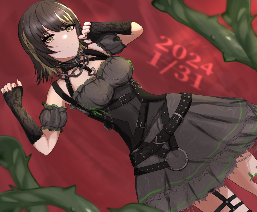1girl absurdres belt black_choker black_gloves black_hair blonde_hair bodypaint breasts chain choker closed_mouth colored_skin cross-laced_clothes dated detached_sleeves dot_nose dress elbow_gloves expressionless fingerless_gloves gloves green_ribbon grey_skin highres idolmaster idolmaster_shiny_colors idolmaster_shiny_colors_song_for_prism ikaruga_luca lace lace_gloves looking_at_viewer medium_breasts medium_hair multicolored_hair multiple_belts nail_polish off_shoulder plant puffy_detached_sleeves puffy_sleeves ribbon ronpa sidelocks solo streaked_hair thigh_strap two-tone_hair vines yellow_eyes