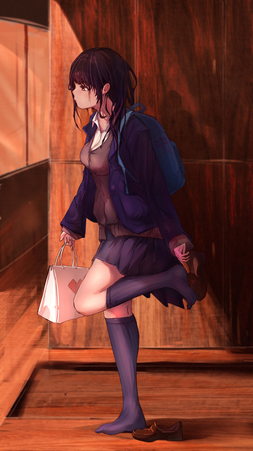 1girl absurdres backpack bag bkhu black_hair boku_no_kokoro_no_yabai_yatsu brown_eyes brown_footwear brown_sweater closed_mouth collared_shirt full_body handbag highres holding holding_bag indoors jacket kneehighs loafers long_hair mole mole_on_neck multiple_moles open_clothes open_jacket pleated_skirt profile purple_jacket purple_skirt purple_socks putting_on_shoes school_uniform shirt shoes skirt socks solo standing standing_on_one_leg sweater white_shirt yamada_anna