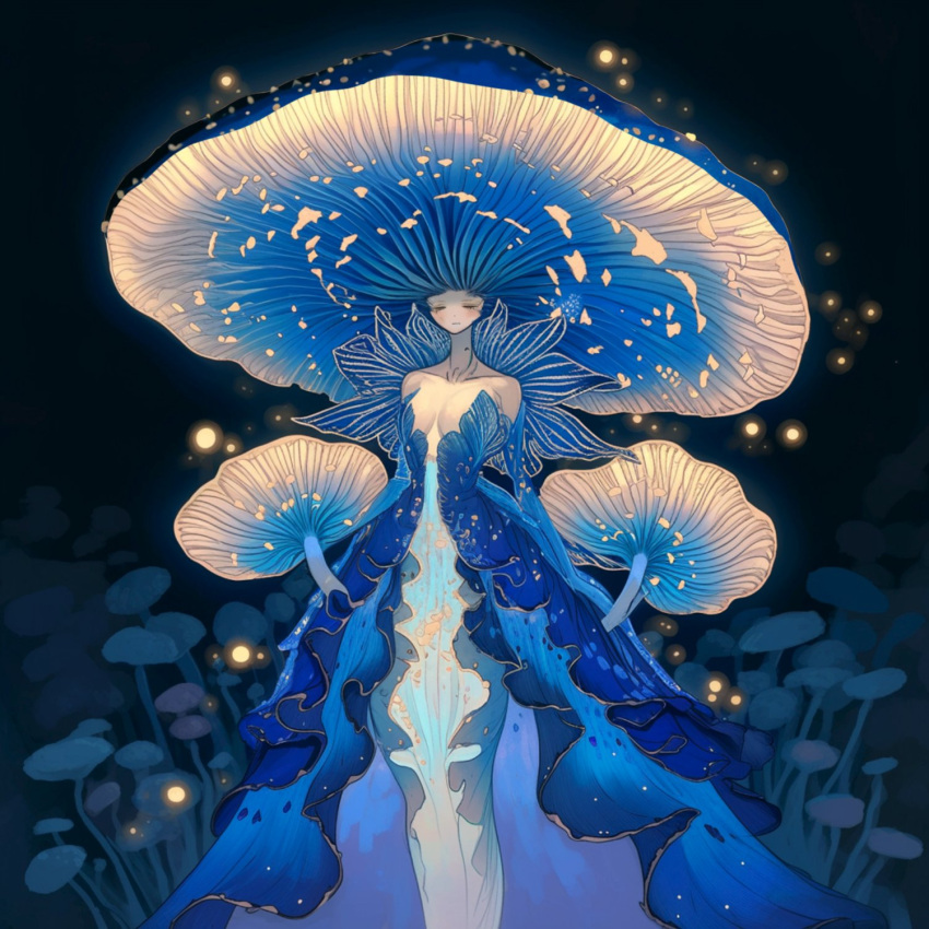 1girl bare_shoulders blue_dress blue_theme breasts closed_eyes collarbone commentary dress english_commentary facing_viewer highres layered_dress light_particles mushroom mushroom_girl mushroom_hat off-shoulder_dress off_shoulder original personification solo standing surf_kawena