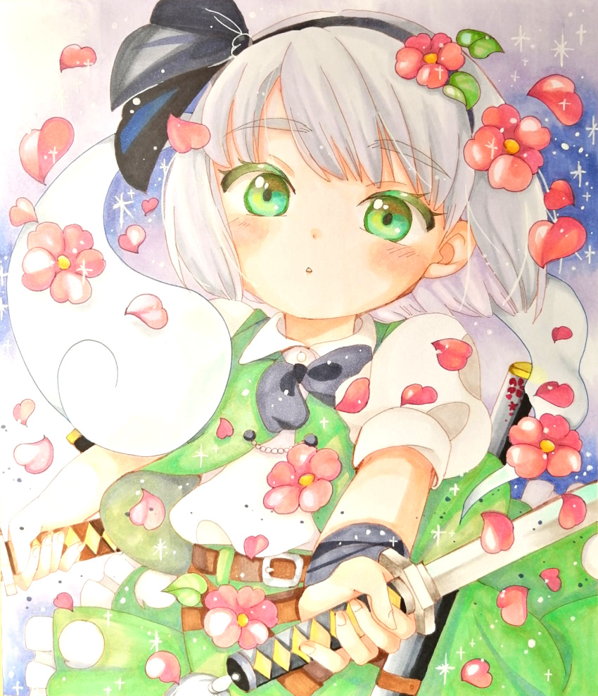 1girl belt belt_buckle black_bow black_bowtie black_hairband blue_background bow bowtie brown_belt buckle cowboy_shot flower frilled_skirt frills green_eyes green_skirt green_vest grey_hair hairband head_tilt highres hitodama hitodama_print holding holding_sword holding_weapon katana konpaku_youmu konpaku_youmu_(ghost) looking_at_viewer marker_(medium) medium_hair naruki print_skirt puffy_sleeves red_flower red_petals shirt simple_background skirt skirt_set sword touhou traditional_media vest weapon white_shirt