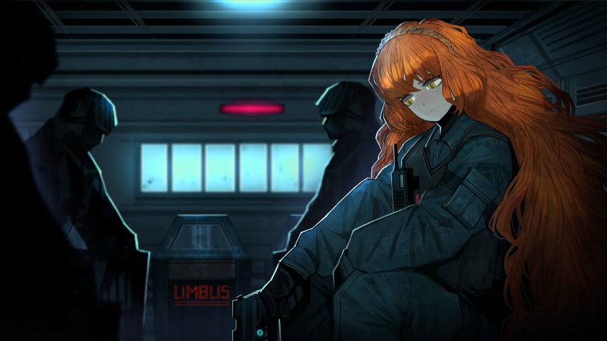 1girl 3others black_gloves black_vest blue_pants blue_shirt brown_hairband closed_mouth freckles game_cg gloves gun hairband highres holding holding_gun holding_weapon indoors ishmael_(project_moon) limbus_company long_hair looking_down multiple_others nai_ga official_art orange_hair pants project_moon shield shirt sitting very_long_hair vest walkie-talkie weapon yellow_eyes