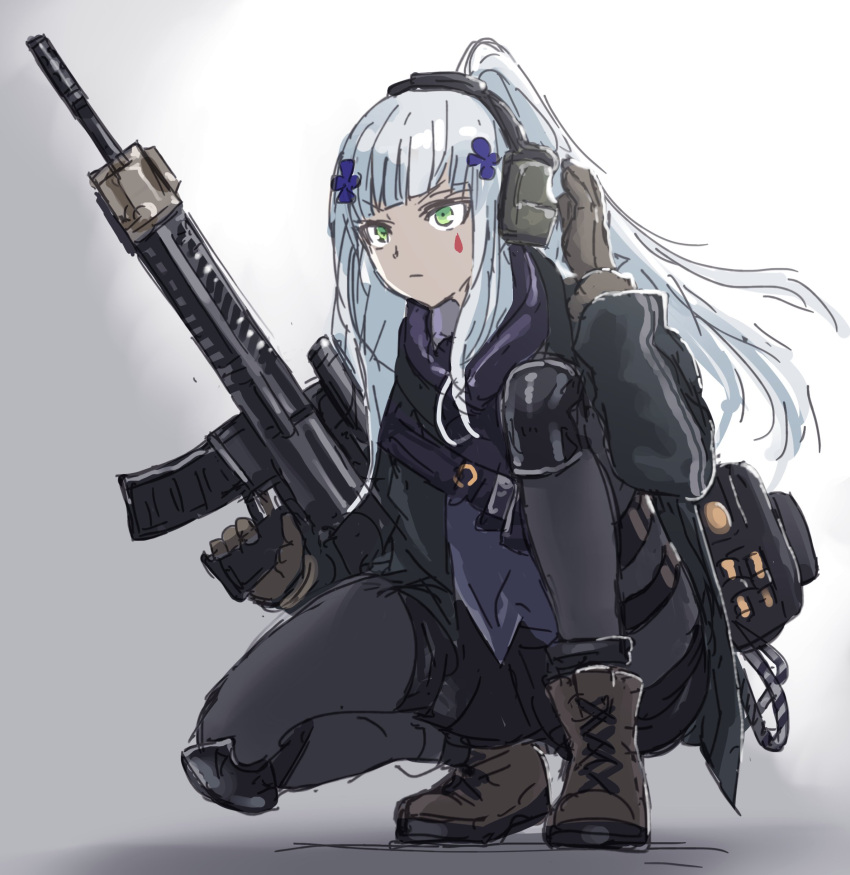 1girl absurdres assault_rifle black_pantyhose boots brown_footwear brown_gloves chinese_commentary commentary_request ear_protection fuku_(fuku12290574) full_body girls'_frontline gloves green_eyes gun h&amp;k_hk416 hair_ornament hand_on_own_ear headphones heckler_&amp;_koch highres hk416_(girls'_frontline) hood hood_down hoodie jacket knee_pads long_hair looking_ahead magazine_(weapon) optical_sight pantyhose pantyhose_under_shorts pouch rifle rope shorts simple_background sketch solo squatting strap striped_clothes striped_jacket tactical_clothes teardrop_tattoo thigh_strap trigger_discipline vertical-striped_clothes vertical-striped_jacket weapon white_hair