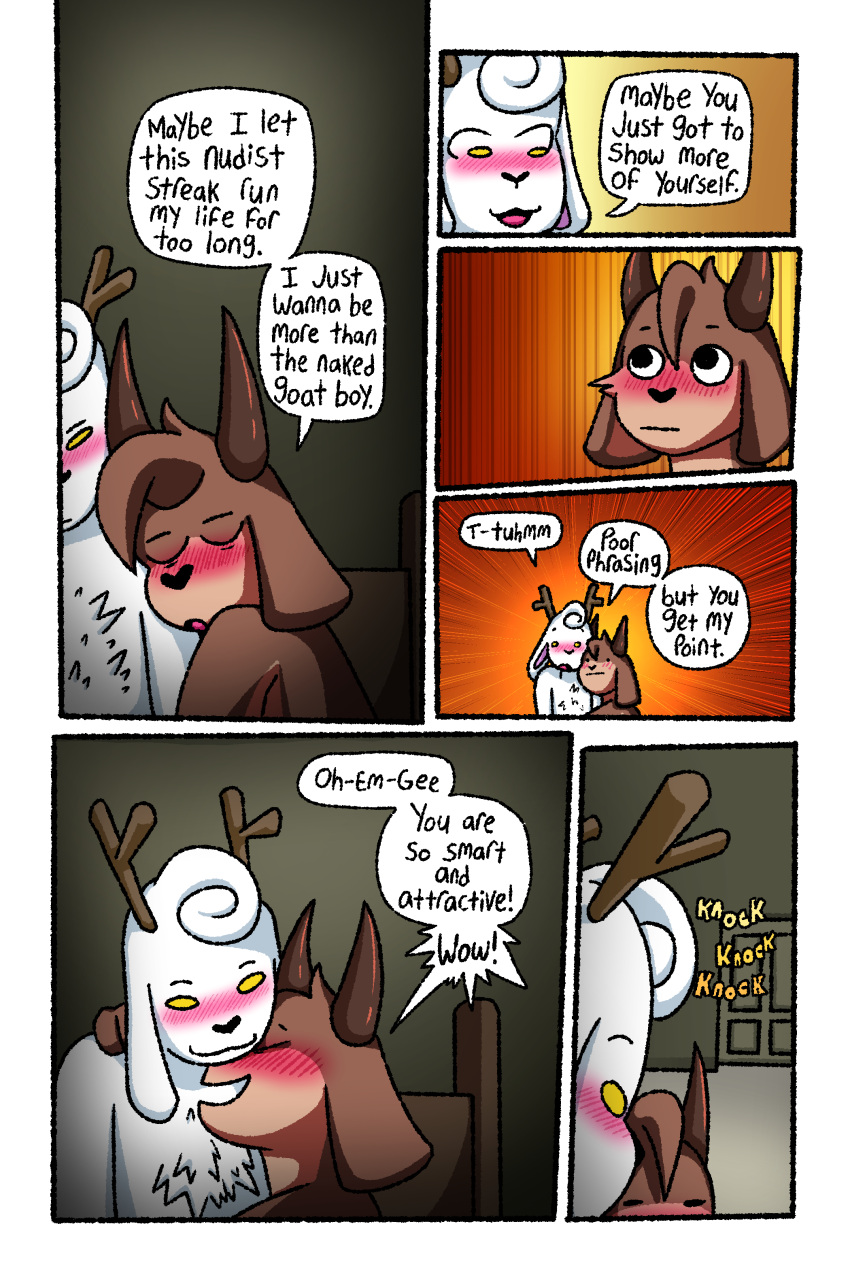 2:3 absurd_res anthro antlers bed black_eyes black_nose blush blush_lines bovid brown_body brown_fur capri_(deerkid) caprine cel_shading chest_tuft closed_smile comic countershade_face countershade_torso countershading deerkid dialogue digital_media_(artwork) door duo emanata embrace english_text eyebrows eyes_closed floppy_ears fur furniture goat head_tuft hi_res horn hug inside jackalope lagomorph lop_ears male male/male mammal monotone_body monotone_fur mouth_closed multicolored_body multicolored_fur nude on_bed open_mouth open_smile shaded sitting smile speech_bubble tan_body tan_fur text tongue tuft two_tone_body two_tone_fur virgil_(deerkid) white_body white_fur yellow_eyes