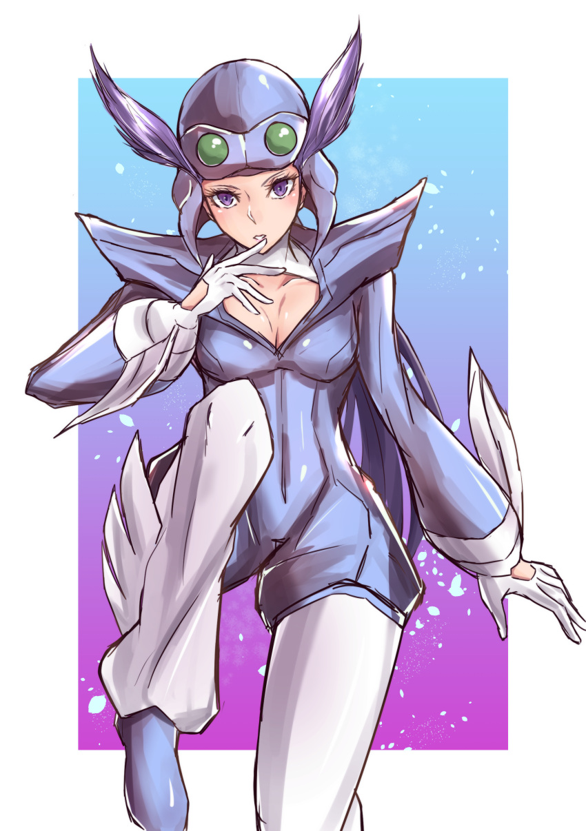 1girl absurdres blue_bodysuit bodysuit breasts collarbone goggles goggles_on_head highres long_sleeves pilot_helmet pilot_suit pokemon pokemon_oras ponytail purple_hair solo unitard winona_(pokemon) yakan_(mihag3000)