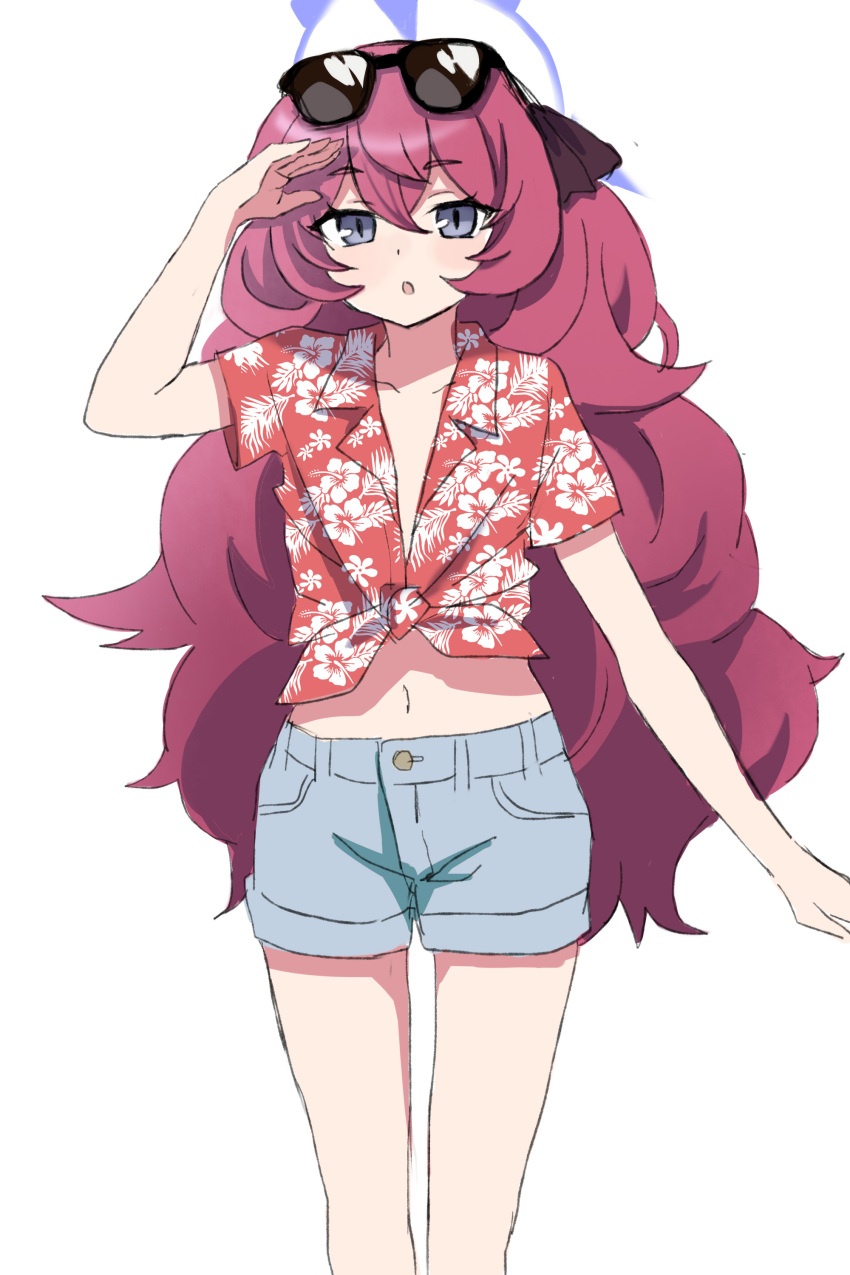 1girl absurdres blue_archive blue_shorts blush collarbone eyewear_on_head feet_out_of_frame grey_eyes hair_between_eyes halo hawaiian_shirt highres iroha_(blue_archive) long_hair navel open_mouth purple_halo red_hair red_shirt saibashi_(develop_komono) shirt short_sleeves shorts simple_background solo sunglasses white_background