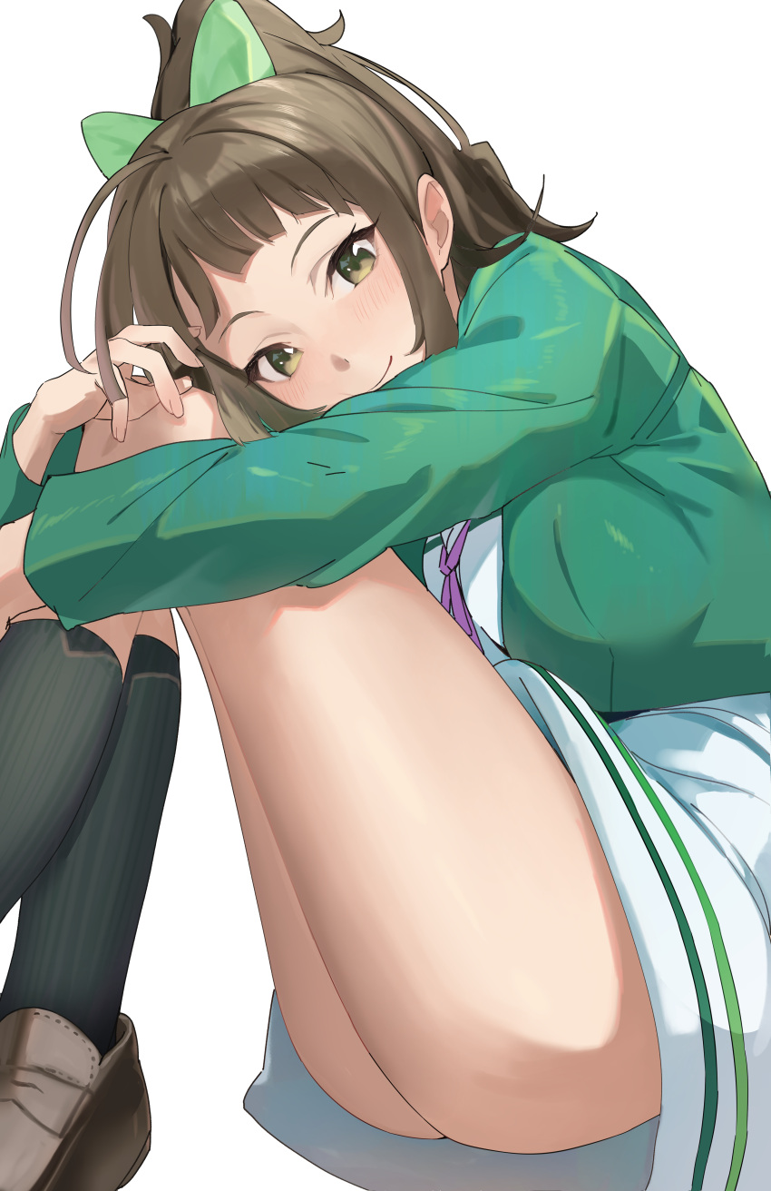 1girl absurdres ass blunt_bangs blush brown_eyes brown_hair clothes_around_waist commission green_socks highres hisami_nanami kneehighs long_hair looking_at_viewer pixiv_commission ponytail simple_background sitting smile socks solo uouokuma wake_up_girls! white_background