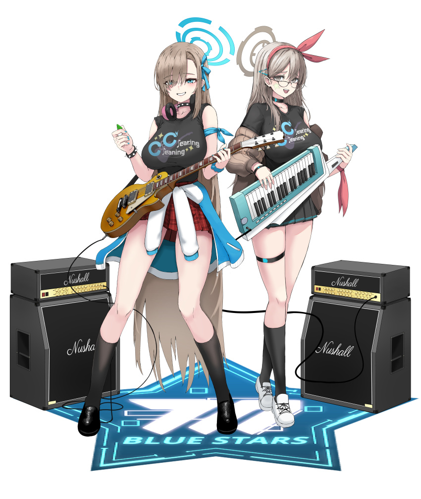 2girls absurdres akane_(blue_archive) alternate_costume amplifier asuna_(blue_archive) black_choker black_footwear black_shirt black_socks blue_archive blue_eyes blue_halo blue_ribbon blush breasts brown_eyes brown_jacket choker clothes_around_waist collarbone electric_guitar facial_mark full_body glasses grin guitar hair_between_eyes hair_over_one_eye hair_ribbon halo highres holding holding_instrument instrument jacket jacket_around_waist keyboard_(instrument) kneehighs large_breasts light_brown_hair long_hair long_sleeves multiple_girls open_clothes open_jacket open_mouth pleated_skirt red_skirt ribbon shirt shoes simple_background skirt sleeveless sleeveless_shirt smile socks star_(symbol) suang thigh_strap white_background white_footwear