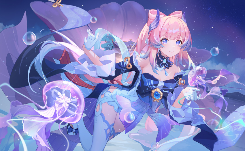 1girl absurdres bare_shoulders blue_eyes blunt_bangs bow-shaped_hair breasts frills genshin_impact gloves hair_ornament highres jellyfish long_hair looking_at_viewer monabianou multicolored_hair pink_hair purple_eyes sangonomiya_kokomi smile solo thighhighs underwater very_long_hair white_gloves