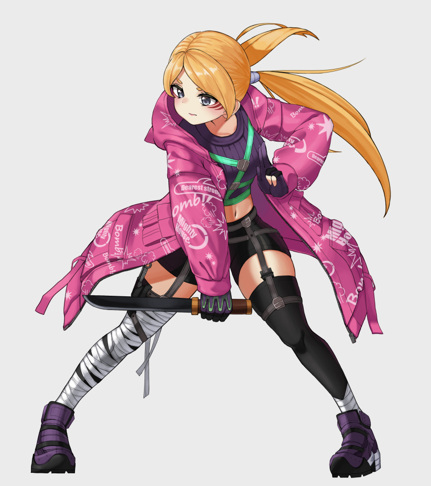 1girl absurdres bandaged_leg bandages bike_shorts blonde_hair character_request check_character check_weapon chest_harness commentary crop_top cropped_sweater facial_mark full_body garter_belt gloves green_eyes grey_background harness highres holding holster hood hooded_jacket jacket kunimitsu_(tekken) long_hair long_sleeves low_twintails machete midriff mirami_(tatarim39) navel partially_fingerless_gloves shoes simple_background sneakers solo symbol-only_commentary tachi-e tekken thigh_holster thighhighs twintails very_long_hair whisker_markings
