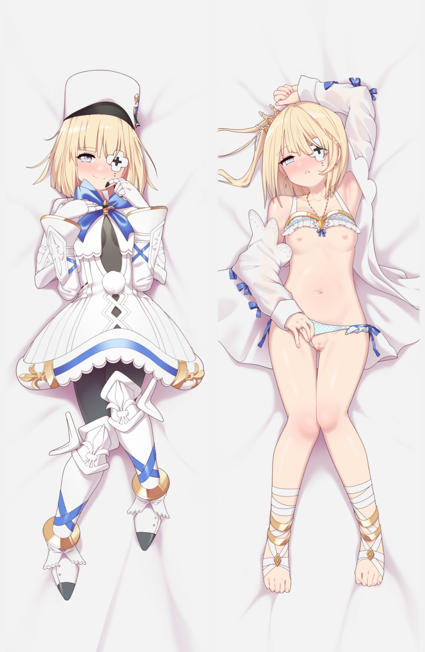 1girl anklet armored_boots armored_gloves azur_lane black_bodysuit black_pantyhose blonde_hair blue_panties blush bob_cut bodysuit bodysuit_under_clothes boots bra breasts censored closed_mouth clothing_aside crown dakimakura_(medium) dress eyepatch feet frilled_bra frills full_body grey_eyes hat highres jewelry knees_together_feet_apart le_terrible_(azur_lane) le_terrible_(silence_slumber_and_solace)_(azur_lane) looking_at_viewer lying maidforge mini_crown mosaic_censoring multiple_views nipples official_alternate_costume on_back panties panties_aside pantyhose pussy ring shako_cap short_hair small_breasts smile thigh_gap toes underwear wedding_ring white_dress white_footwear