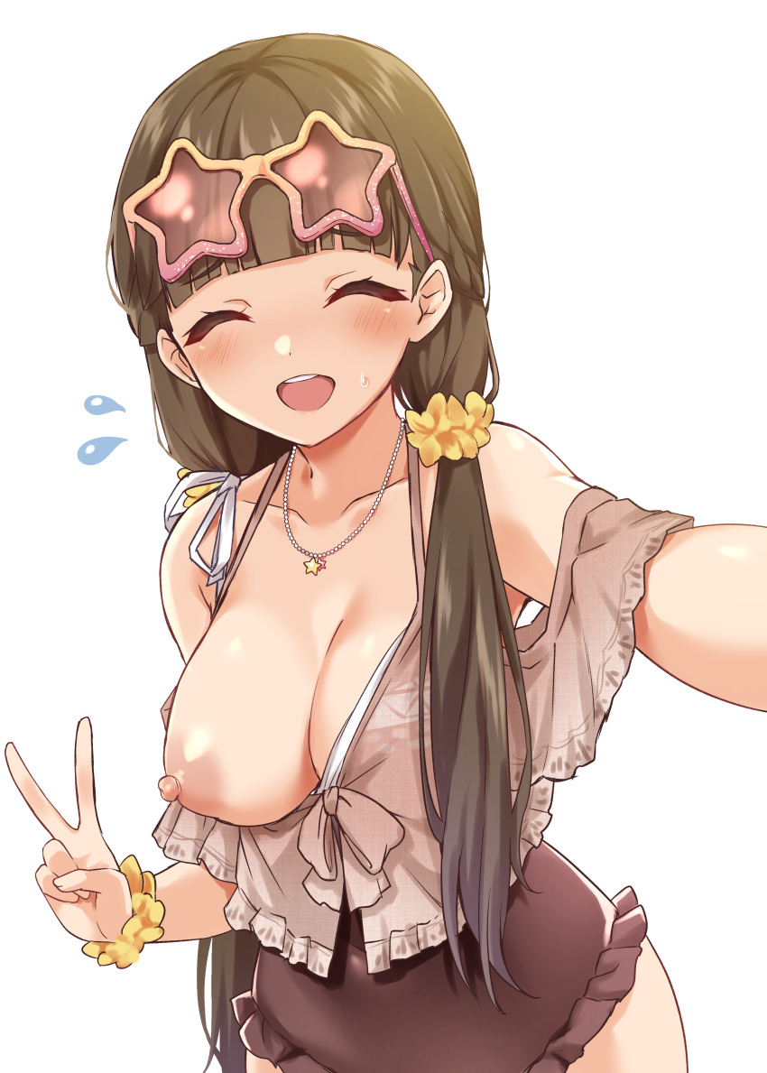 1girl :d ^_^ absurdres blush breasts brown_hair closed_eyes hair_ornament hair_scrunchie highres large_breasts long_hair love_live! love_live!_superstar!! nipples open_mouth ryochapu sakurakouji_kinako scrunchie simple_background smile solo star-shaped_eyewear teeth upper_teeth_only v white_background wrist_scrunchie yellow_scrunchie