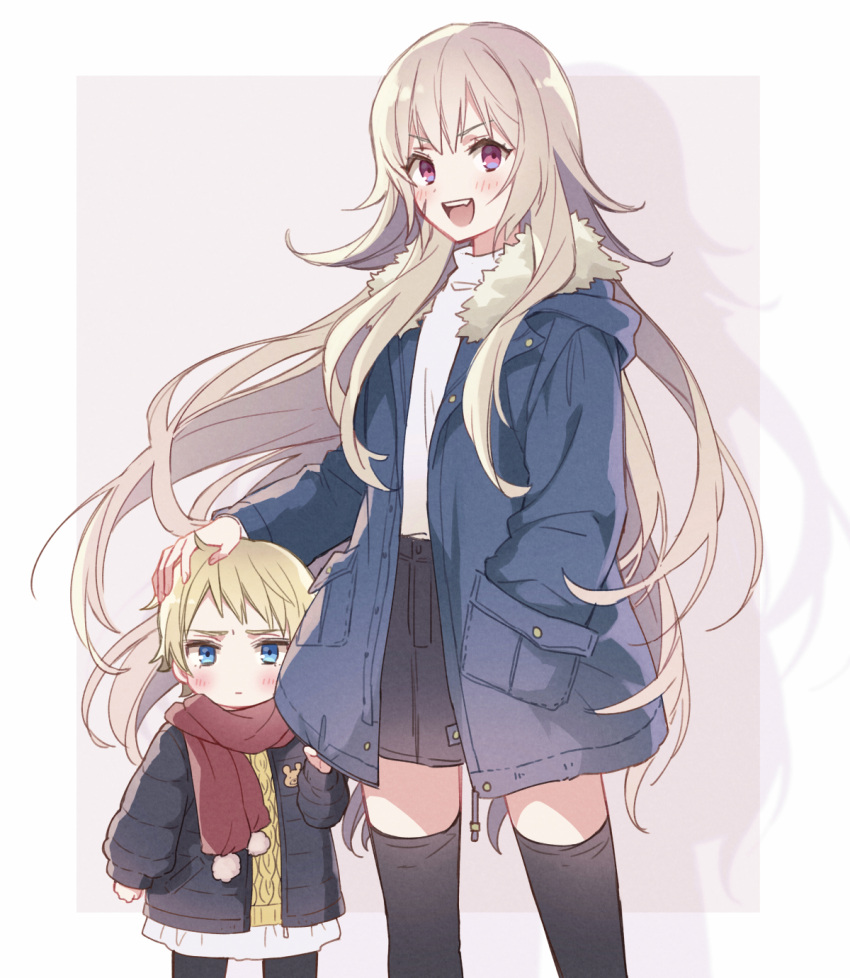 2girls arm_at_side axis_powers_hetalia black_jacket black_pantyhose black_skirt black_thighhighs blonde_hair blue_eyes blue_jacket blush child closed_mouth clothes_grab denim denim_skirt dress drop_shadow fang floating_hair fur-trimmed_jacket fur_trim genderswap genderswap_(mtf) grey_hair hair_flaps hand_in_pocket hand_on_another's_head hand_up highres holy_roman_empire_(hetalia) jacket long_hair miniskirt multiple_girls open_mouth outside_border pantyhose prussia_(hetalia) purple_eyes red_scarf scar scar_on_cheek scar_on_face scarf shio_konbu_(syoko128) short_hair shy side-by-side skirt standing sweater thighhighs turtleneck turtleneck_sweater very_long_hair white_dress white_sweater yellow_sweater zettai_ryouiki
