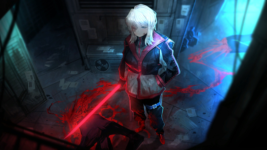 1girl 1other bandaid bandaid_on_face black_gloves black_jacket blood blood_on_clothes blood_trail blue_eyes closed_mouth faust_(project_moon) full_body game_cg gauze_over_eye gloves glowing glowing_sword glowing_weapon guro hand_in_pocket highres holding holding_sword holding_weapon intestines jacket limbus_company medium_hair nai_ga official_art one_eye_covered project_moon solo standing sword weapon white_hair