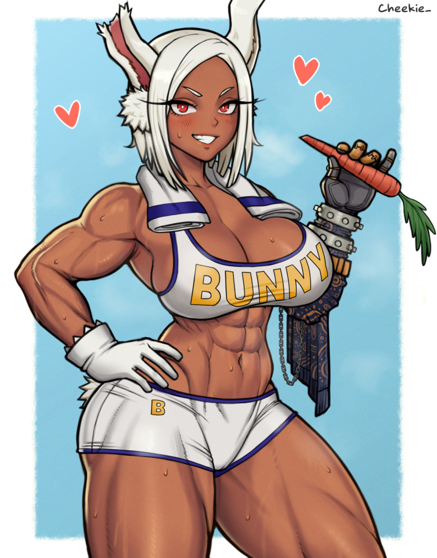 1girl abs animal_ears arm_wrap artist_name bare_shoulders blue_background blue_shorts blush boku_no_hero_academia border breasts carrot cheekie cleavage clothes_writing collarbone contrapposto dark-skinned_female dark_skin english_commentary gloves hand_on_own_hip heart highres holding holding_carrot large_breasts long_eyelashes looking_at_viewer mechanical_arms mirko muscular muscular_female navel parted_bangs pinky_out rabbit_ears rabbit_girl rabbit_tail red_eyes short_hair short_shorts shorts single_mechanical_arm smile solo sports_bra stomach sweat tail tail_through_clothes thick_thighs thighs towel towel_around_neck white_border white_gloves white_hair white_sports_bra