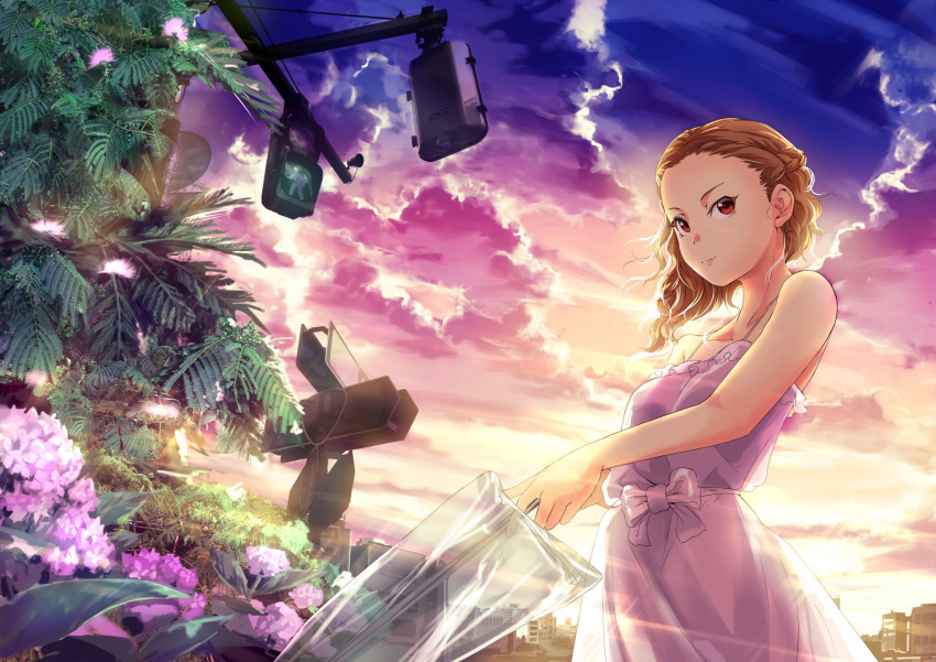1girl backlighting bare_shoulders blz bow breasts brown_hair building camisole closed_mouth cloud cloudy_sky evening flower highres holding holding_umbrella idolmaster looking_to_the_side medium_breasts outdoors pink_camisole pink_flower red_eyes road_sign seki_hiromi sign sky solo standing traffic_light transparent transparent_umbrella tree umbrella wavy_hair