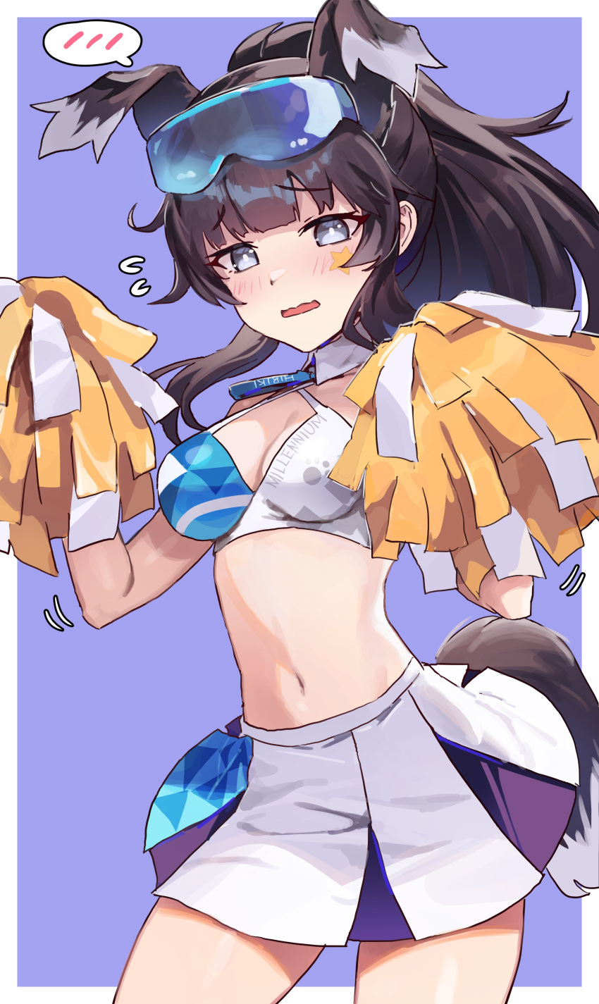 1girl absurdres animal_ears black_hair blue_archive blush breasts cleavage cowboy_shot detached_collar dog_ears dog_tail extra_ears eyewear_on_head flying_sweatdrops grey_eyes halterneck hands_up hibiki_(blue_archive) hibiki_(cheer_squad)_(blue_archive) highres looking_at_viewer midriff millennium_cheerleader_outfit_(blue_archive) motion_lines navel pleated_skirt pom_pom_(cheerleading) safety_glasses shedar sidelocks simple_background skirt solo speech_bubble spoken_blush tail wavy_mouth