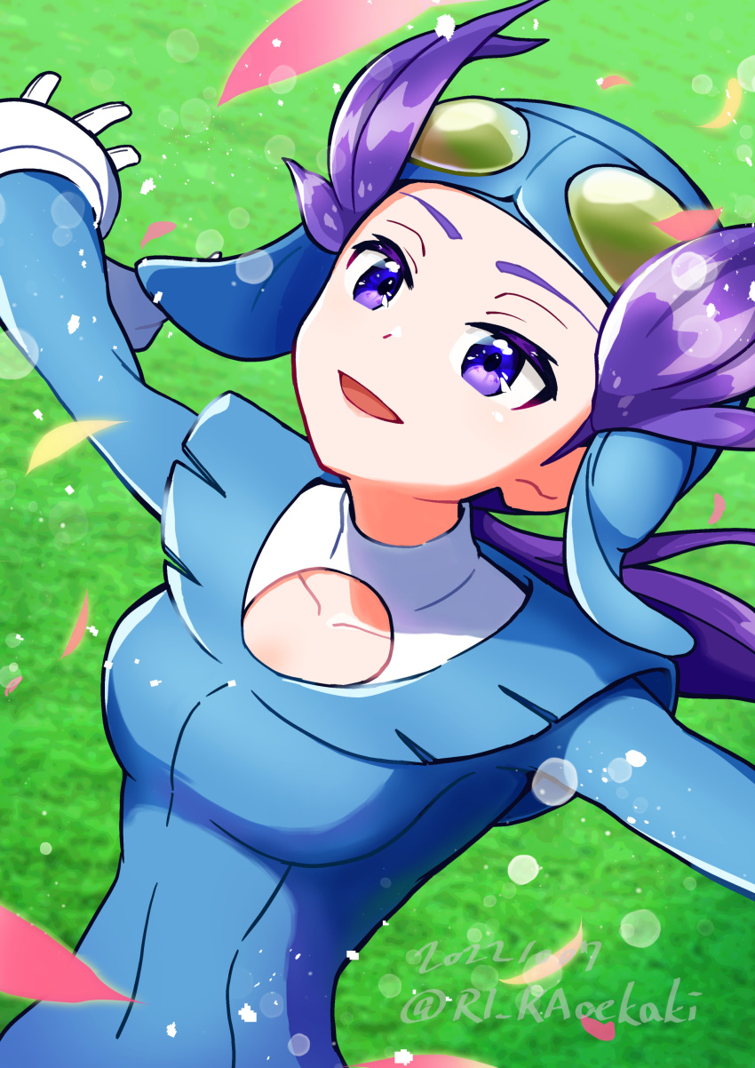 1girl absurdres arutarika_(ri_kaoekaki) blue_bodysuit bodysuit breasts collarbone goggles goggles_on_head highres long_sleeves pilot_helmet pilot_suit pokemon pokemon_oras ponytail purple_eyes purple_hair solo unitard winona_(pokemon)