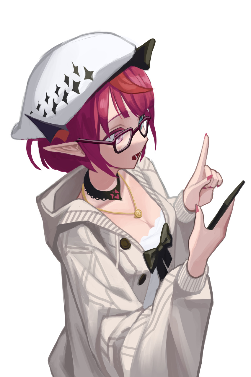 1girl absurdres black_bow black_choker blue_eyes bow breasts cardigan cellphone choker cleavage dress glasses gold_necklace hanho hat heterochromia highres hololive hololive_english hooded_cardigan horns index_finger_raised irys_(casualrys)_(hololive) irys_(hololive) jewelry long_sleeves looking_at_phone medium_breasts multicolored_hair necklace official_alternate_costume open_cardigan open_clothes open_mouth phone pointy_ears purple-tinted_eyewear purple_hair purple_nails red_hair short_hair simple_background smartphone solo tinted_eyewear virtual_youtuber white_background white_dress white_headwear