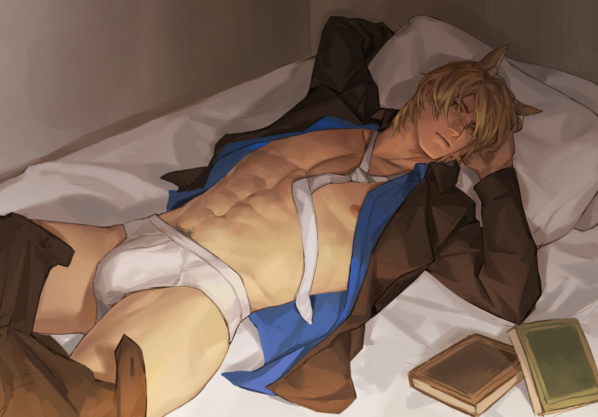 1boy abs aixiwuganda_(20222192) animal_ears arknights black_pants black_suit blonde_hair blue_shirt book head_on_hand highres horse_boy horse_ears looking_at_viewer male_focus male_underwear mlynar_(arknights) muscular muscular_male necktie on_bed pants pectorals pillow shirt suit underwear undone_necktie white_male_underwear white_necktie