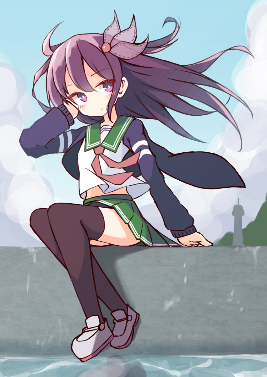 1girl absurdres arm_support bangs blue_sky blush brown_legwear closed_mouth cloud cloudy_sky commentary_request day eyebrows_visible_through_hair floating_hair full_body green_sailor_collar green_skirt grey_footwear hair_between_eyes highres ichi jacket kantai_collection kisaragi_(kantai_collection) loafers long_hair long_sleeves neckerchief open_clothes open_jacket outdoors pleated_skirt purple_eyes purple_hair purple_jacket red_neckwear remodel_(kantai_collection) sailor_collar shirt shoes skirt sky smile solo thighhighs very_long_hair water white_shirt wind