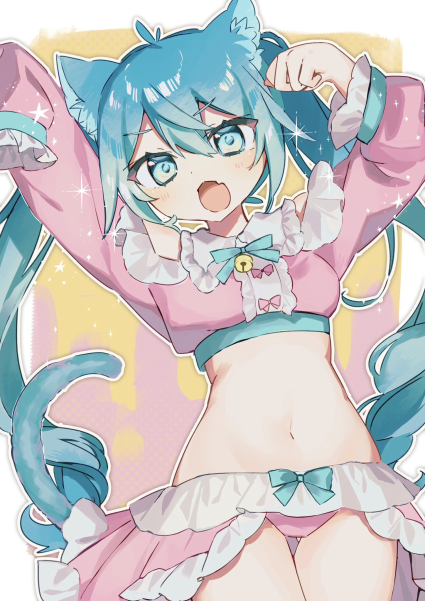 animal_ears aqua_eyes aqua_hair aqua_necktie cat_ears cat_girl cat_tail clothing_cutout hatsune_miku highres long_hair midriff necktie panties pink_panties pink_shirt pink_skirt shirt shoulder_cutout showgirl_skirt skirt tail tsuchinoko_(tutituti0125) twintails twintails_day underwear very_long_hair vocaloid