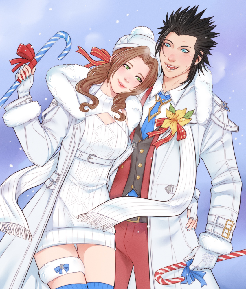 1boy 1girl aerith_gainsborough aerith_gainsborough_(fairy_of_snowfall) aqua_nails belt belt_buckle black_hair blue_eyes blue_necktie breasts breath brown_hair buckle candy candy_cane christmas coat commentary couple cowboy_shot cross_scar crylin6 dress english_commentary final_fantasy final_fantasy_vii final_fantasy_vii_ever_crisis final_fantasy_vii_remake fingerless_gloves flower food fur-trimmed_coat fur_trim gloves green_eyes hair_slicked_back hand_on_another's_hip highres holding holding_candy holding_candy_cane holding_food light_blush lips looking_at_viewer necktie official_alternate_costume open_clothes open_coat pants parted_bangs parted_lips pink_ribbon red_pants red_vest ribbon scar scar_on_cheek scar_on_face short_dress sidelocks small_breasts snowing spiked_hair sweater sweater_dress turtleneck turtleneck_sweater vest white_coat white_gloves winter_clothes winter_coat yellow_flower zack_fair zack_fair_(holiday_suit)