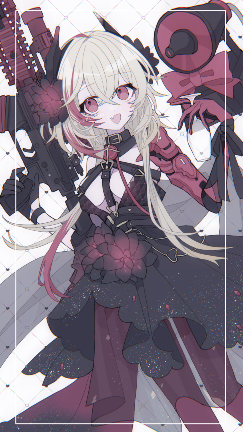 1girl blonde_hair breasts collar cup dress drinking_glass fang flower girls'_frontline gloves gun highres holding holding_gun holding_megaphone holding_weapon long_hair m4_sopmod_ii_(girls'_frontline) mechanical_arms megaphone multicolored_hair open_mouth pantyhose red_eyes red_hair single_mechanical_arm skin_fang smile solo underboob very_long_hair weapon wine_glass wristband yakitori_egg