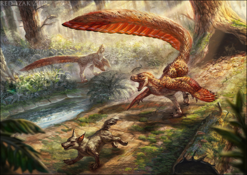 canid canine dinosaur dromaeosaurid environment feathered_dinosaur feathers feral forest hunting male mammal prehistoric prehistoric_animal prehistoric_mammal red-izak reptile scalie theropod tree xane