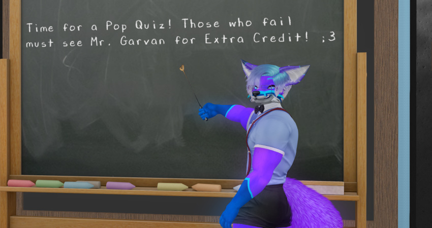 anthro apollo apollo_garvan apollogarvan canid canine chalkboard classroom clothed clothing fox garvan hi_res male male/male mammal riding_crop school second_life skimpy solo whip