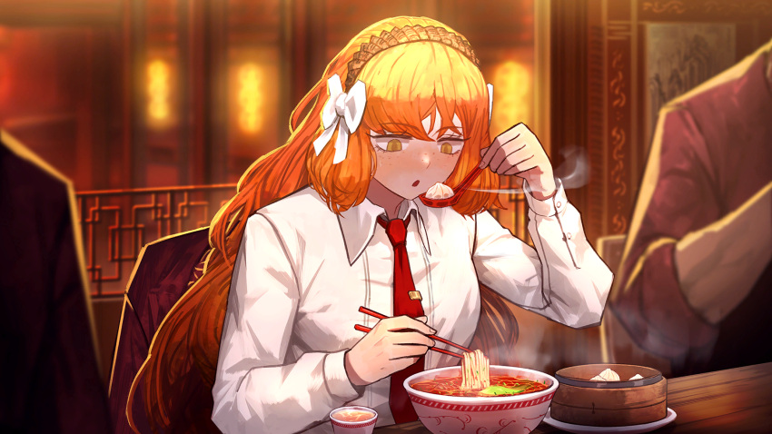 1girl 2others blowing blowing_on_food bow bowl brown_hairband chopsticks collared_shirt dumpling eating food freckles game_cg hair_bow hairband highres holding holding_chopsticks indoors ishmael_(project_moon) jacket limbus_company long_hair long_sleeves multiple_others nai_ga necktie noodles official_art open_mouth orange_eyes orange_hair project_moon red_jacket red_necktie red_shirt shirt sitting tie_clip unworn_jacket very_long_hair white_bow white_shirt wing_collar