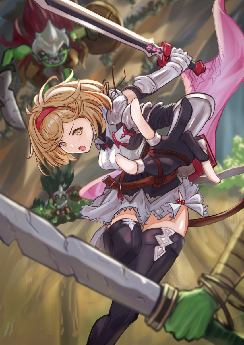 1girl 3others absurdres armor armored_gloves battle belt black_corset black_footwear black_gloves blonde_hair blurry blurry_background boots breasts charging_forward collared_dress colored_skin corset djeeta_(granblue_fantasy) dress fighting frilled_dress frills gloves goblin granblue_fantasy granblue_fantasy:_relink green_skin hairband helmet highres holding holding_shield holding_sword holding_weapon medium_breasts multiple_others open_mouth partially_fingerless_gloves pauldrons pink_sash red_hairband sash scabbard sheath shield short_hair shoulder_armor sword tatsumi_yashiro thigh_boots weapon white_dress yellow_eyes zettai_ryouiki