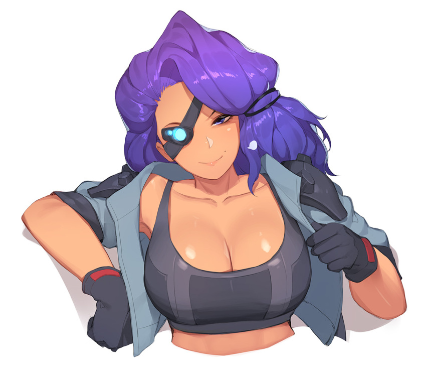 black_gloves black_sports_bra breasts cleavage closed_mouth cropped_jacket cropped_torso dark-skinned_female dark_skin eyepatch gloves hand_up head_tilt jacket large_breasts league_of_legends long_hair looking_at_viewer mole mole_above_mouth one_eye_covered open_clothes open_jacket pepper0 purple_eyes purple_hair samira short_sleeves simple_background smile sports_bra tan upper_body white_background