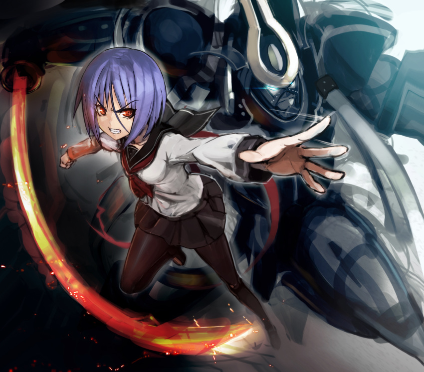 1girl angry ayane_ichijou black_skirt blue_eyes clenched_teeth eyebrows_visible_through_hair eyes_visible_through_hair glowing glowing_eyes hair_between_eyes holding holding_sword holding_weapon katana mecha ookuma_(nitroplus) orange_eyes purple_hair red_neckwear school_uniform skirt soukou_akki_muramasa sword teeth uniform weapon