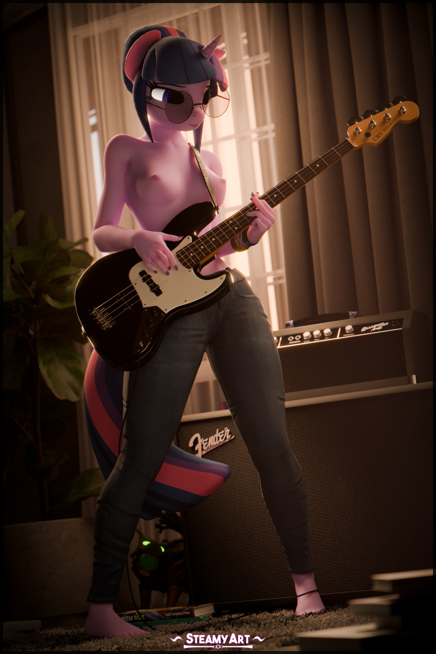 absurd_res amp anthro anthrofied areola barefoot bottomwear bracelet breasts clothed clothing denim denim_bottomwear denim_clothing electric_guitar equid equine eyewear feet friendship_is_magic fur glasses guitar hair hair_bun hasbro hi_res horn houseplant humanoid_feet jeans jewelry mammal musical_instrument my_little_pony nipples pants pink_body pink_fur plant plantigrade plucked_string_instrument purple_hair round_glasses steamyart string_instrument timberwolf_(mlp) topless twilight_sparkle_(mlp) unicorn