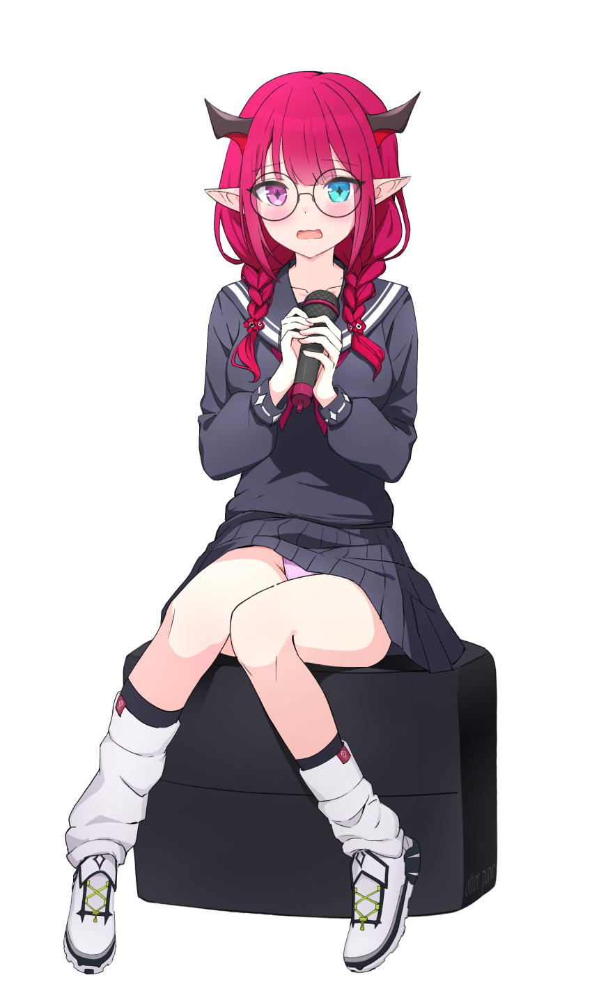 1girl absurdres black_horns black_sailor_collar black_serafuku black_shirt black_skirt blue_eyes blush braid flower french_braid full_body glasses hair_flower hair_ornament heterochromia highres holding holding_microphone hololive hololive_english horns irys_(gamer)_(hololive) irys_(hololive) long_hair long_sleeves looking_at_viewer loose_socks microphone miniskirt neckerchief official_alternate_costume open_mouth otter_paw_(otter696969) panties pantyshot pleated_skirt pointy_ears purple_hair red_neckerchief sailor_collar school_uniform serafuku shirt shoes simple_background sitting skirt sneakers socks solo twin_braids underwear virtual_youtuber wavy_mouth white_background white_footwear