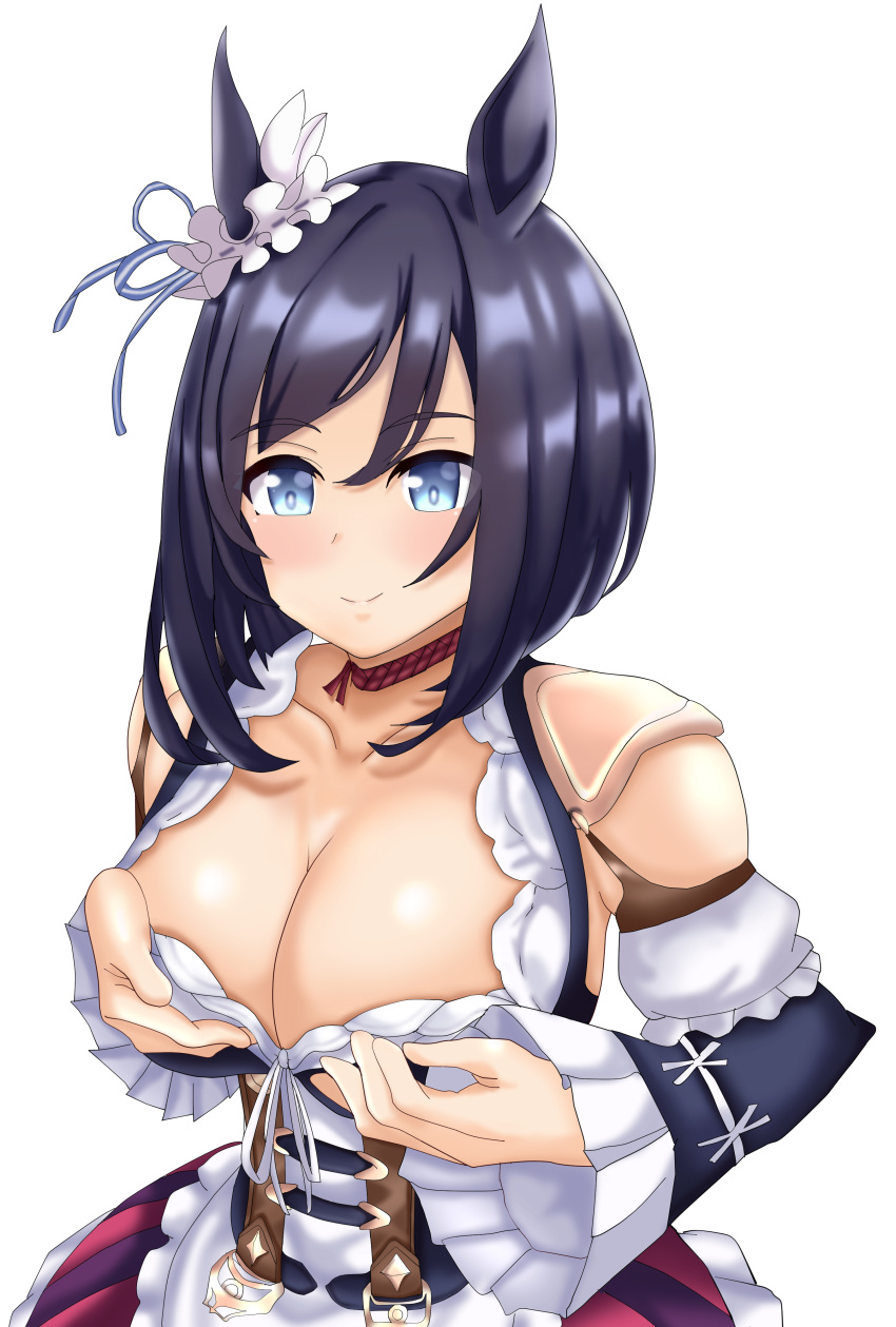 1girl absurdres animal_ears apron bare_shoulders black_hair black_sleeves blouse blue_eyes bob_cut bodice breasts choker cleavage commentary_request detached_sleeves dirndl ear_ornament ear_scrunchie eishin_flash_(umamusume) frilled_apron frilled_sleeves frills from_side german_clothes grabbing_own_breast hair_between_eyes highres horse_ears horse_girl large_breasts looking_at_viewer outdoors red_choker scrunchie shirt short_hair smile solo tessa_1178 umamusume upper_body white_apron white_scrunchie white_shirt