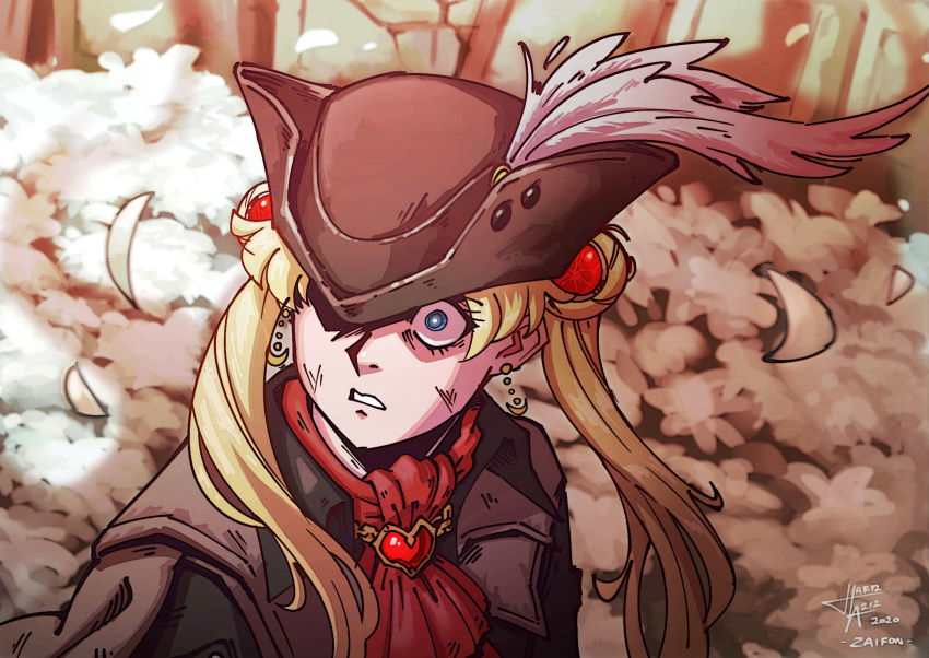 ascot bishoujo_senshi_sailor_moon blonde_hair bloodborne blue_eyes coat crescent crescent_earrings derivative_work earrings feathers hat heart highres jewelry long_hair meme sailor_moon_redraw_challenge screencap_redraw tagme tricorne tsukino_usagi upper_body za1f0n