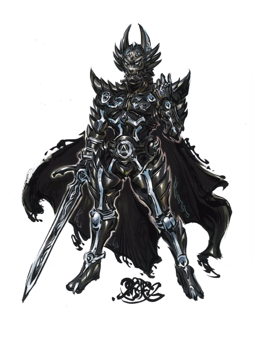 armor black_armor black_cape breastplate cape character_request concept_art full_armor full_body garo_(series) garo_makai_senki gauntlets greaves helm helmet highres holding holding_sword holding_weapon jaaku_(garo) keita_amemiya_(keitaamemiya01) knight official_art pauldrons plate_armor plume shoulder_armor simple_background solo standing sword visor_(armor) weapon