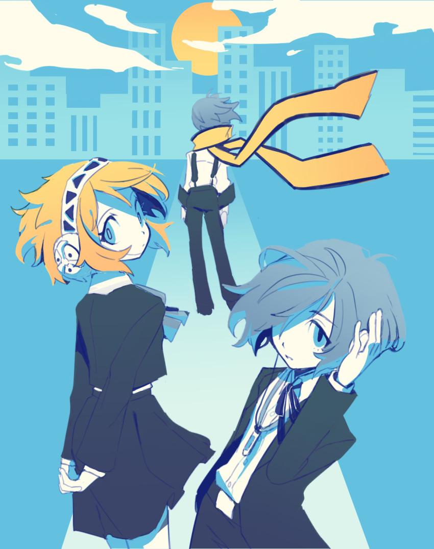 1girl 2boys aegis_(persona) arm_at_side arms_at_sides arms_behind_back belt black_belt black_hair black_jacket black_ribbon black_skirt blonde_hair blue_eyes blue_hair city cloud cloudy_sky collared_shirt digital_media_player expressionless facing_away full_moon gekkoukan_high_school_uniform hair_over_one_eye hairband hand_on_headphones hand_up headphones highres jacket limited_palette long_sleeves looking_at_viewer mangohcake mochizuki_ryouji moon multiple_boys neck_ribbon parted_lips persona persona_3 pleated_skirt ribbon scarf school_uniform shirt short_hair skirt sky suspenders white_shirt wing_collar yellow_scarf yuuki_makoto_(persona_3)