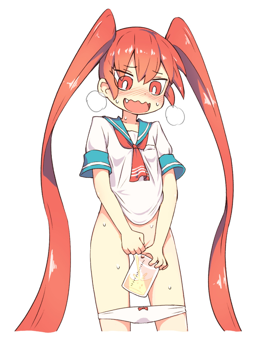 1girl :d beaker blush cropped_legs embarrassed fang highres long_hair necktie open_mouth panties panty_pull pee peeing peeing_in_cup pepper0 red_eyes red_hair red_necktie shirt short_sleeves simple_background smile solo standing steam sweat twintails ueno-san_wa_bukiyou ueno_(ueno-san_wa_bukiyou) underwear very_long_hair white_background white_panties white_shirt