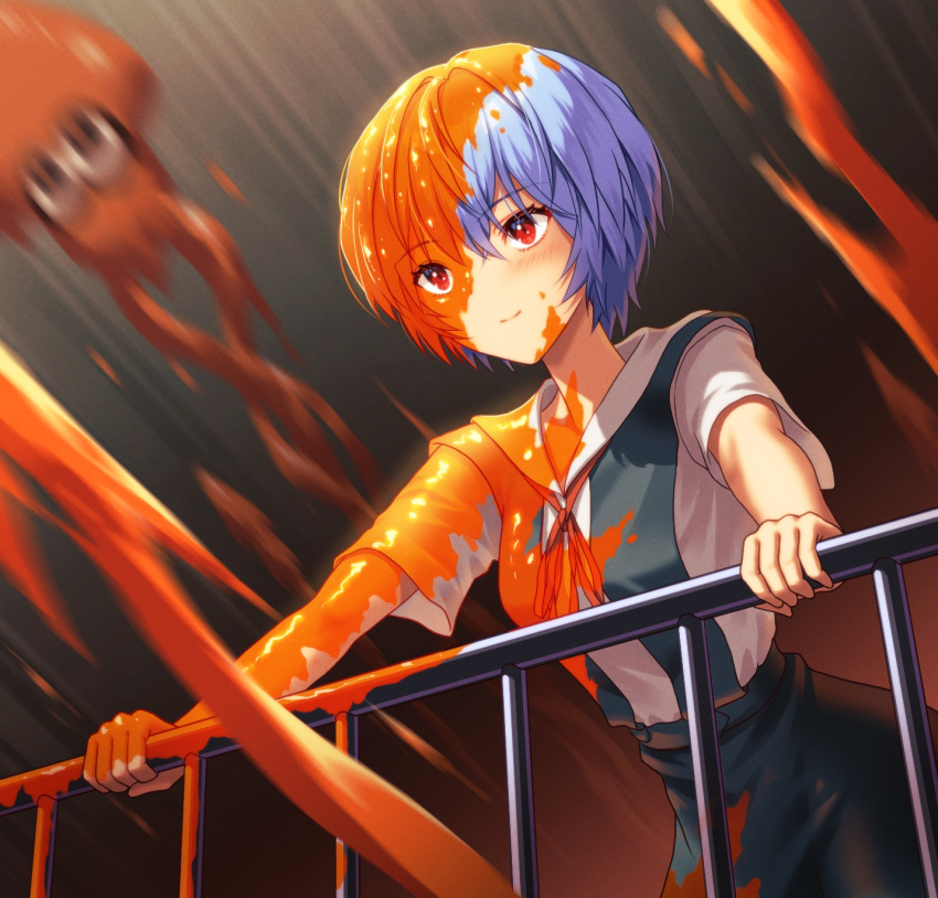 1girl ayanami_rei black_background blue_hair blue_skirt blush bow bowtie breasts closed_mouth collared_shirt commentary dress_shirt gradient_background hair_between_eyes hand_on_railing highres lcl leaning_forward light_smile looking_ahead medium_breasts motion_blur neck_ribbon neon_genesis_evangelion orange_background paint paint_in_hair paint_on_body paint_on_clothes paint_splatter paint_splatter_on_face railing red_bow red_bowtie red_eyes red_ribbon ribbon school_uniform shirt short_hair short_sleeves skirt smile solo splatoon_(series) squid suspender_skirt suspenders tokyo-3_middle_school_uniform upper_body white_shirt yahha