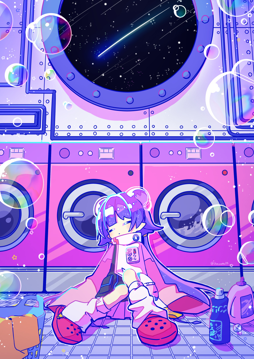 1girl absurdres blue_hair bubble closed_eyes crocs detergent double_bun hair_bun high_collar highres laundromat laundry_basket leg_warmers long_hair long_sleeves multicolored_hair on_floor original pleated_skirt purple_hair shooting_star skirt sky sleeping sleeves_past_fingers sleeves_past_wrists soap solo space star_(sky) starry_sky streaked_hair tile_floor tiles usa_motou very_long_hair washing_machine