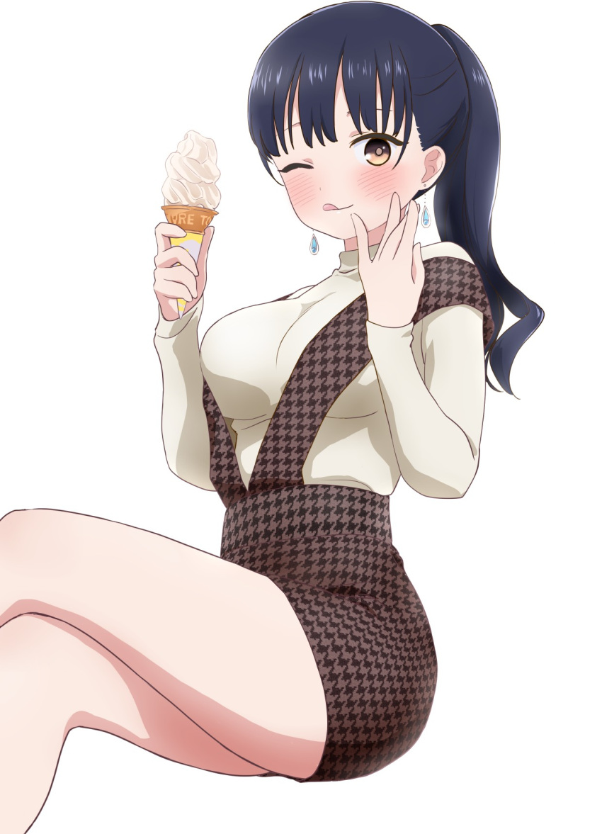 1girl blue_hair blush boku_no_kokoro_no_yabai_yatsu breasts brown_eyes crossed_legs dangle_earrings dark_blue_hair dress earrings food hands_up highres holding holding_food holding_ice_cream ice_cream ice_cream_cone invisible_chair jewelry komatsu_(sakanae) long_hair long_sleeves looking_at_viewer medium_breasts one_eye_closed ponytail print_dress short_dress simple_background sitting solo sweater thighs tongue tongue_out turtleneck turtleneck_sweater white_background white_sweater yamada_anna