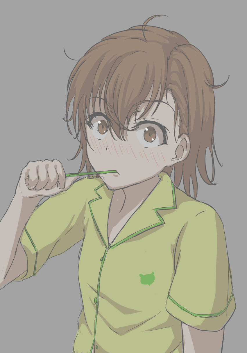 absurdres ahoge bangs blush bob_cut brown_eyes brown_hair brushing_teeth closed_mouth embarrassed gekota grey_background hair_between_eyes hair_strand halya_meri highres holding_toothbrush looking_at_viewer messy_hair misaka_mikoto nose_blush pajamas partially_unbuttoned raised_eyebrows sanpaku short_hair short_sleeves simple_background surprised to_aru_kagaku_no_railgun to_aru_majutsu_no_index toothbrush toothbrush_in_mouth upper_body yellow_pajamas