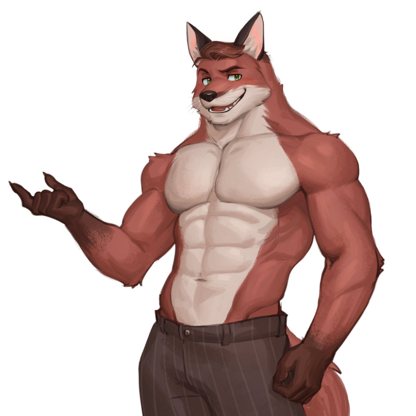 1boy abs absurdres animal_ears brown_pants echo_project english_commentary fangs fox_boy fox_ears fox_tail furry furry_male green_eyes highres looking_at_viewer male_focus murdoch_byrnes_(the_smoke_room) muscular muscular_male open_mouth pants pectorals pinstripe_pants pinstripe_pattern smile tail the_smoke_room tigre_(raytig12) topless_male whiskers white_background