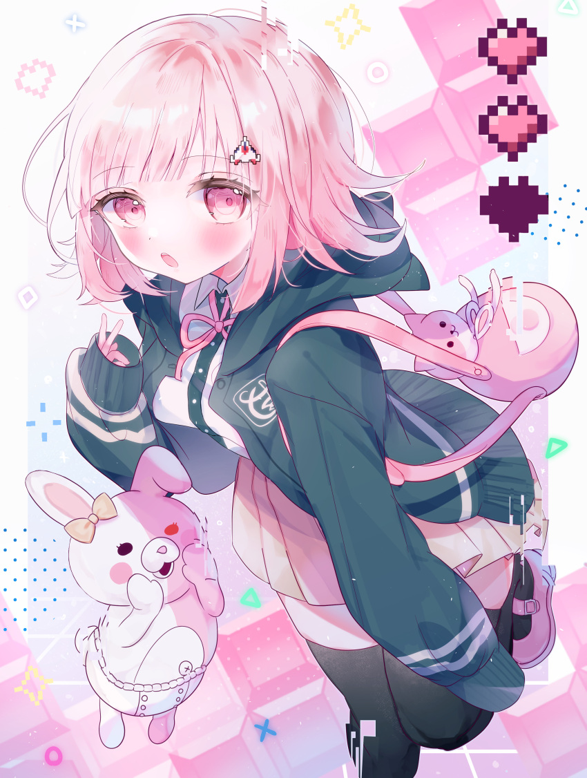 1girl :o absurdres backpack bag black_thighhighs blush bow brown_hair brown_skirt danganronpa_(series) danganronpa_2:_goodbye_despair diaper ear_bow galaga green_jacket hair_ornament hand_up heterochromia highres hood hood_down hooded_jacket jacket looking_at_viewer medium_hair monomi_(danganronpa) nahoshi_(sevenstar744) nanami_chiaki neck_ribbon open_clothes open_jacket pink_bag pink_eyes pink_footwear pink_ribbon pleated_skirt ribbon skirt thighhighs