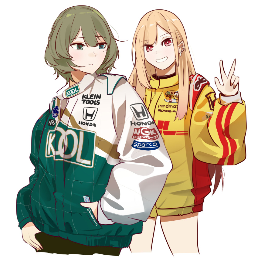 2girls absurdres blonde_hair cosplay crossover dhl english_commentary fedex green_hair green_jacket highres holeecrab honda idolmaster idolmaster_cinderella_girls indycar_series jacket kitagawa_marin looking_at_viewer looking_to_the_side mole mole_under_eye multicolored_clothes multicolored_jacket multiple_girls parted_lips paul_tracy paul_tracy_(cosplay) racing_suit red_eyes romain_grosjean romain_grosjean_(cosplay) short_hair smile sono_bisque_doll_wa_koi_wo_suru takagaki_kaede upper_body v white_background white_jacket yellow_jacket